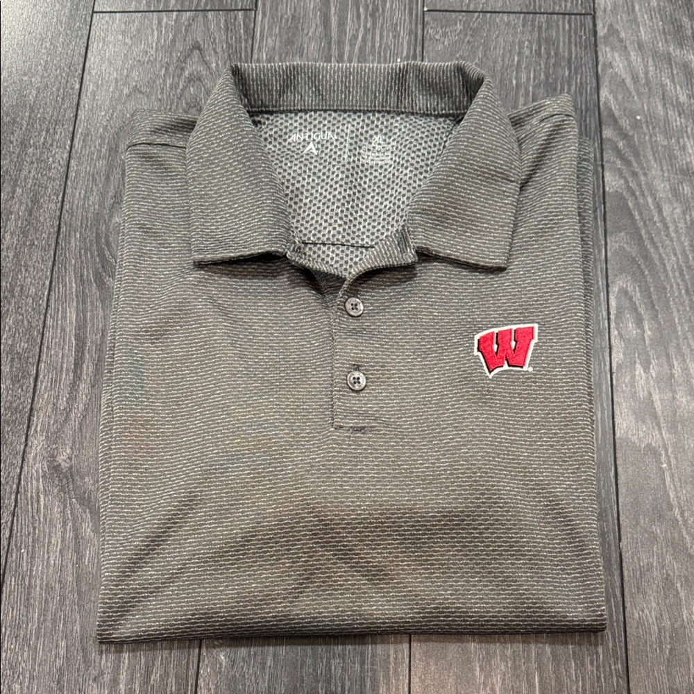 Antigua Gray Golf  Polo Shirt with Red Logo Wisconsin Badgers XL